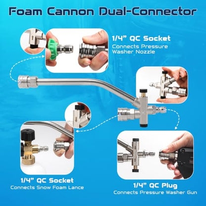 Foam Cannon for Pressure Washer with Short Gun Kit, Snow Foam Lance, 3/8" Swivel Quick Connect, M22-14mm M22-15mm Adapter, 5 Nozzle Tips, Dual Connector System, 1.1mm Orifice