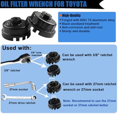 2PCS Oil Filter Wrench Set, Oil Filter Remover Tool 64.5mm 14 Flute Oil Filter Socket Set For Toyota Tacoma 4Runner Camry Tundra RAV4 Lexus ES300h and More