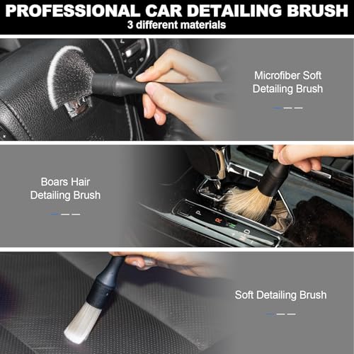 ThinkLearn Car Detailing Kit, Car Interior Detailing Kit, Including 7Pcs Auto Detailing Brushs and 200g Cleaning Gel (25% More Than 160g) Storage Bag, Car Accessories | Interior 3 Detail Brushes, 200g Gel, Boar Hair Fiber Synthetic, Long Hair Brush, Air V