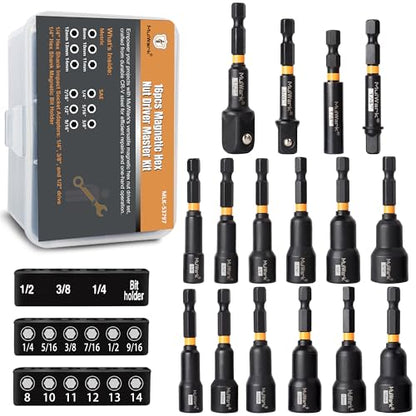 MulWark Magnetic Nut Driver Set 16 pcs Impact Driver Bit Set - Deep 1/4” Hex Shank Drill Bit Set - Impact Socket Adapters - Bit Extension Quick Change Torx Bit Set – Christmas Tool Gift