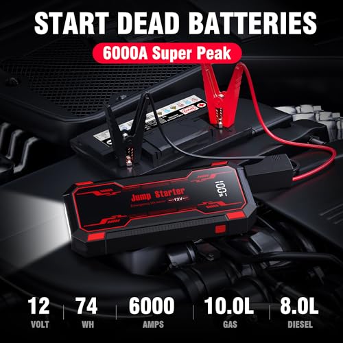 Car Jump Starter 6000A Car Battery Jump Starter Portable,12V Battery Jumper Starter Portable(10.0L Gas/8.0L Diesel),LCD Display Jump Box Jump Starter Battery Pack with Jumper Cables & Flashlight-Red - color: A-Red