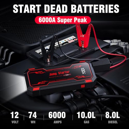 Car Jump Starter 6000A Car Battery Jump Starter Portable,12V Battery Jumper Starter Portable(10.0L Gas/8.0L Diesel),LCD Display Jump Box Jump Starter Battery Pack with Jumper Cables & Flashlight-Red - color: A-Red