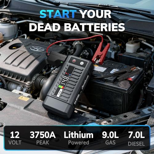 K25 Jump Starter 3750A Car Battery Booster Pack for Up to 9.0L Gas or 7.0L Diesel Engines, 12V Portable Jump Box with Extremely Safe Jumper Cable, USB/DC Charge and 3 Mode Flashlight