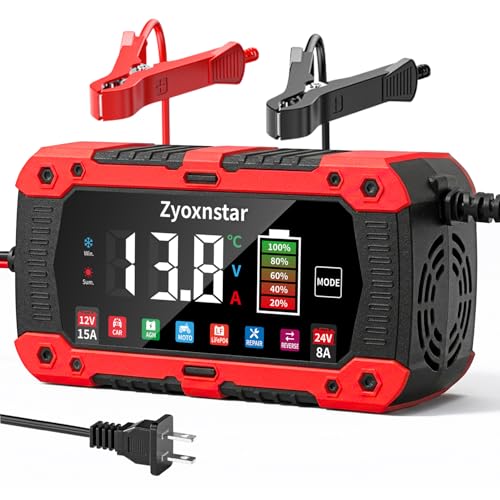 15A Battery Charger, 12V/24V LiFePO4 & Lead Acid Car Battery Charger, Fully Automatic Battery Maintainer w/Overcharge Protection Pulse Repair for AGM, STD, Gel, Deep Cycle Batteries