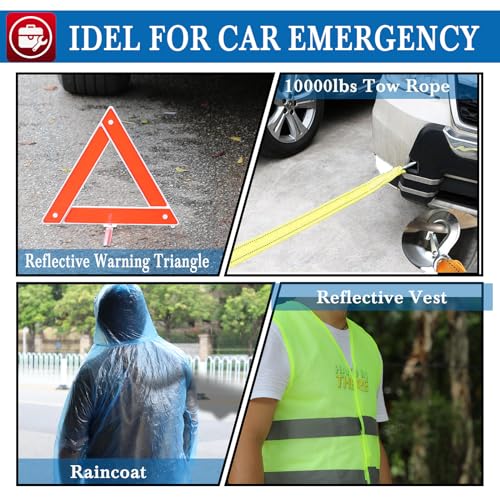 kewen Car Emergency Kit, Roadside Assistance Emergency Car Kit Jumper Cables, Road Trip Essentials, Auto Vehicle Car Safety Kit with Digital Air Compressor Tire Inflator, Reflective Warning Triangle