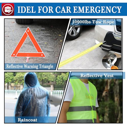 kewen Car Emergency Kit, Roadside Assistance Emergency Car Kit Jumper Cables, Road Trip Essentials, Auto Vehicle Car Safety Kit with Digital Air Compressor Tire Inflator, Reflective Warning Triangle