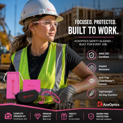 Safety Glasses – ANSI Z87 Certified, 5X Anti-Fog ClearShield™ Lenses with Premium Hard Case & Accessory Bundle - color: Pink & White / Clear