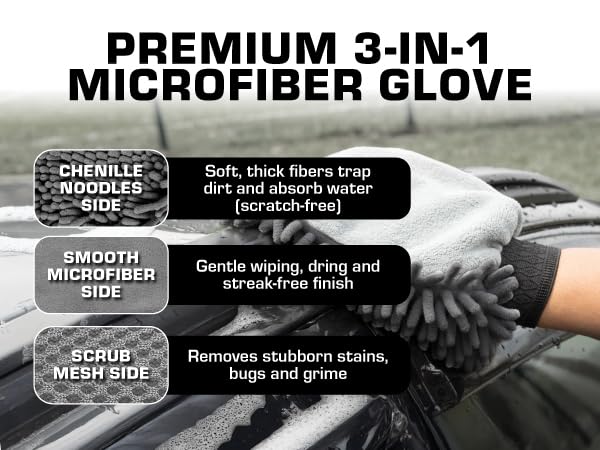 Premium 3-in-1 Car Wash Mitt Scratch Free, Cleaning Mitt, Microfiber Wash Mitts for Car Washing, Drying, and Scrubbing (2-Pack)