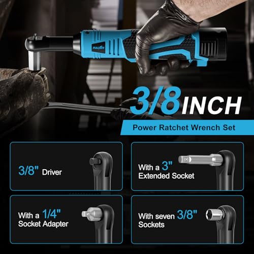 FULLYEA 3/8" Cordless Ratchet Wrench Set, 40 Ft-lbs, 550 RPM, 16.8V Electric Ratchet, Extended Power Ratchet Tool Kit with Variable Speed, 2 * 2.0Ah Battery, 1/4" Adapter & 3" Extension Bar(Blue)