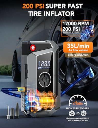 Sharmeal Jump Starter with Air Compressor, 7000A Car Battery Jump Starter (All Gas /12.0L Diesel), 200PSI Jump Starter Power Pack Portable 12V Jump Box with Jumper Cables, LED Light - color: Grey-7000A+ Air Compressor