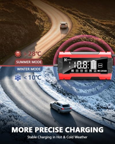 12V 10A Smart Battery Charger for Car and Motorcycle Battery Maintainer & Trickle Charger with Pulse Repair LCD Display Temperature Compensation for AGM Gel SLA Deep Cycle Lead Acid Batteries - color: Red-Black
