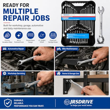 32-Piece SAE & Metric Combination Wrench Set – Standard & Stubby Wrenches, Chrome Vanadium Steel, 12-Point Box End, Mirror Chrome Finish with Organizer Tray for Automotive & Home Repair