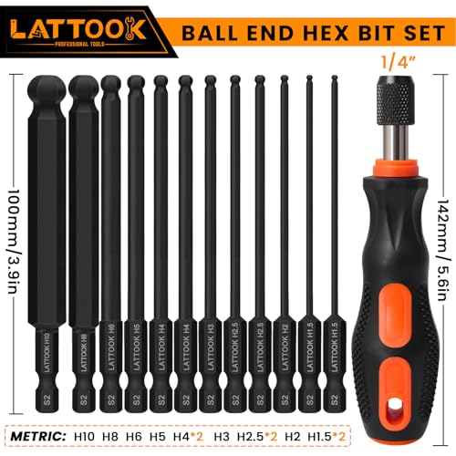 Ball End Hex Head Allen Wrench Drill Bit Set with Quick Release Bit Driver, LATTOOK 12PCS Metric Ball End Hex Bit Set Allen Hex Key, Magnetic S2 Steel, 4'' Long - style: 12PCS Ball Hex Bits+Bit Driver