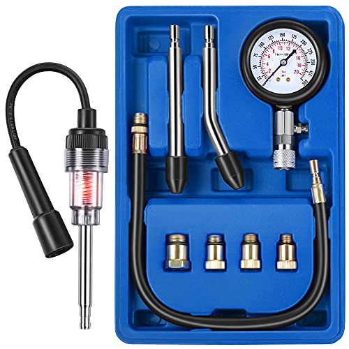9 Pieces Automotive Compression Tester Kit and Spark Plug Tester, Universal Car and Motorcycle Engine Testing Tools for Cylinder Pressure Gauge (Blue) - color: Blue