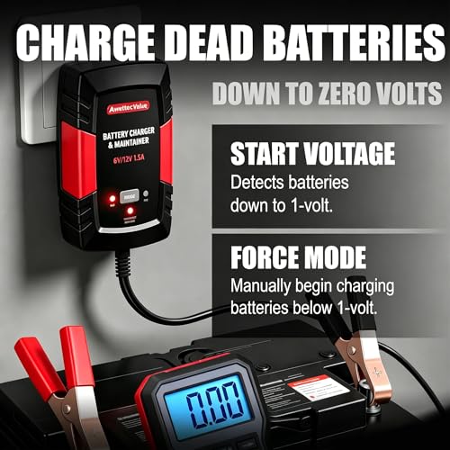 Smart Car Battery Charger,1.5A 6V/12V Maintainer,Automatic Tender Trickle Charger with Memory Function,LED Light,12FT Cables for Vehicle Lead-Acid & Lithium Batteries (Red) - color: Red