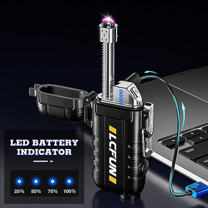 LcFun USB C Rechargeable Electric Lighter, Waterproof Plasma Lighters with LED Battery Display, Windproof Long Arc Lighters for Candle, Camping, Hiking, Outdoor Survival Gadgets for Men - color: Black, style: Flexible Arc With Flashlight