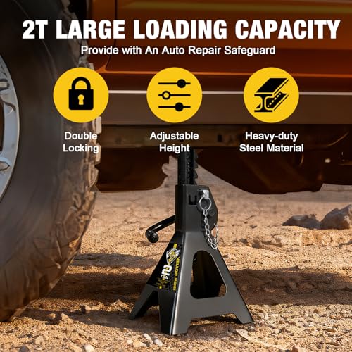 YELLOW JACKET Jack Stands 2 Ton with Double Locking for Lifting Car SUVS, 4400 lb Capacity, Heavy Duty Steel, 1 Pair, Black