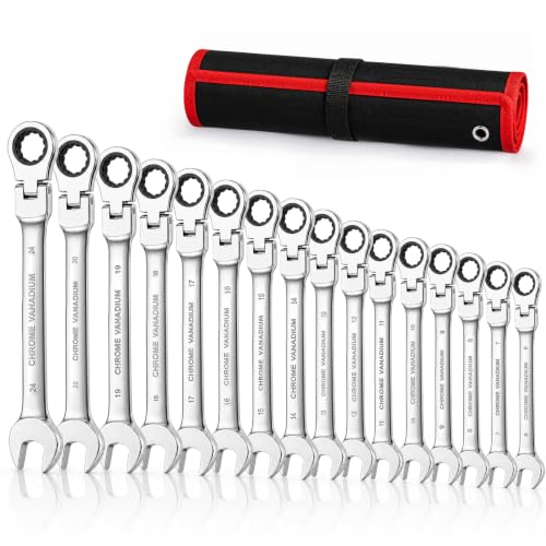 16PCS Flex Head Ratcheting Wrench Set, 6-24 mm Metric Combination Wrench Set with Roll-Up Pouch, 72-Tooth Chrome Vanadium Steel, Professional Tool for Automotive Repair and Home Maintenance - size: 16-pcs + Red Pouch