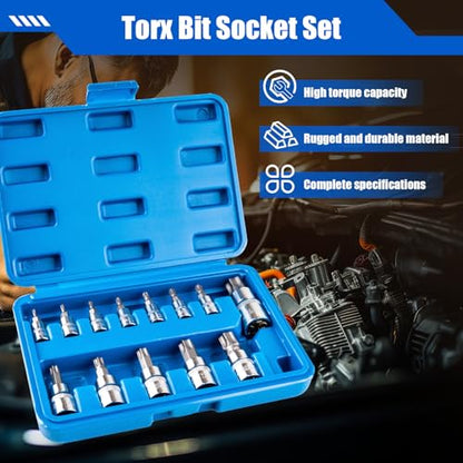 13-Piece Torx Bit Socket Set, T8-T70 Star Bit Sockets | S2 Steel And CR-V Construction with 1/4", 3/8", 1/2" Drive for Automotive And Equipment Repair