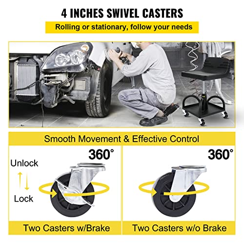VEVOR Mobile Rolling Seat, 300LBS Capacity, 15.7" to 20.5" Adjustable Height, Mechanic Rolling Stool with Swivel Wheels and Tool Tray, for Workshop, Auto Repair Shop, Black