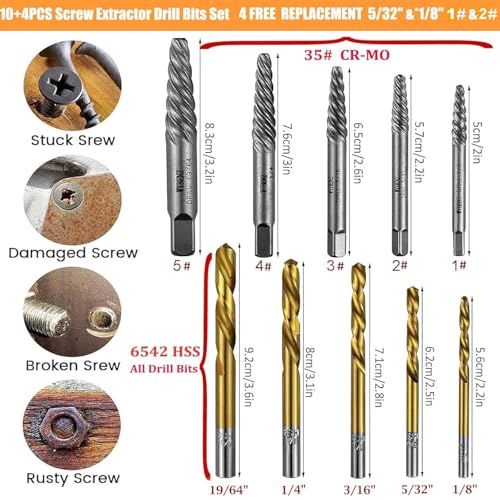 14Pcs Screw Extractor and Left Hand Drill Bits Set, Easy Out Screw Extractor Set, Broken Bolt Extractor Kit Bolt Remover, Reverse Cobalt HSS Steel Drill Bit for Remove Stripped Screws and Broken Bolts - size: 14PCS
