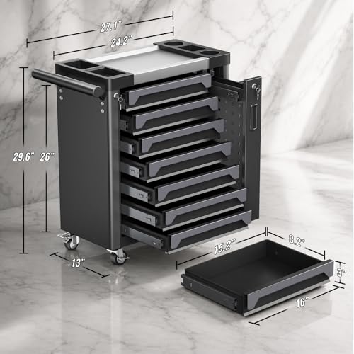 7-Drawer Rolling Tool Chest, Tool Box Lockable Metal Tool Cabinet with Side Storage Cabinet, Ball Bearing Slides Steel Organizer,Heavy-Duty Powder-Coated Tool Cart for Garage Workshope, Grey - size: 7 Drawers- Grey