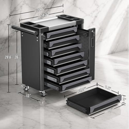 7-Drawer Rolling Tool Chest, Tool Box Lockable Metal Tool Cabinet with Side Storage Cabinet, Ball Bearing Slides Steel Organizer,Heavy-Duty Powder-Coated Tool Cart for Garage Workshope, Grey - size: 7 Drawers- Grey