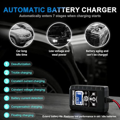 COREBOX Battery Charger 2-Amp 6V/12V Smart Trickle Charger for Car - Battery Maintainer Trickle Charger, and Automotive Battery Charger with Temperature Compensation for Car Truck Motorcycle