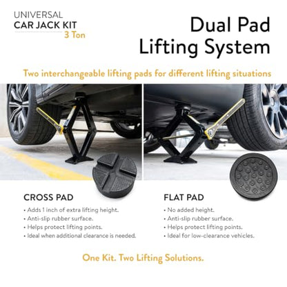 Car Jack Kit 3 Ton Scissor Jack with Cross Pad & Flat Pad Tire Jack Tool | Portable emergency kit, +1" extra lift, Low-profile vehicles, Lug wrench included, Work gloves, Storage bag