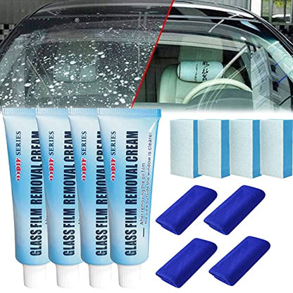 Car Glass Oil Film Cleaner, Glass Oil Film Remover for Car, Glass Film Removal Cream, Car Windshield Oil Film Cleaner, Glass Stripper Water Spot Remover with Sponge and Towel (4 Set)