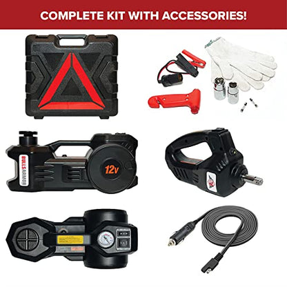 BullsArmor Electric Car Jack Kit (Lifting Height Range: 5.9-17.7 inches) Jack Hydraulic 3-Ton 12V with Impact Wrench & Inflator for All Car Sedan SUV MPV Pickup Truck Tire Changing Garage Repair Kit