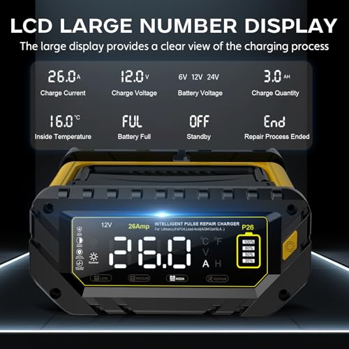 26 Amp Battery Charger, 6V/12V/24V Lithium LiFePO4 Lead Acid Smart Car Battery Charger, Automotive Maintainer Trickle Charger for Car, SUV, Motorcycle, Boat, Lawn Mower