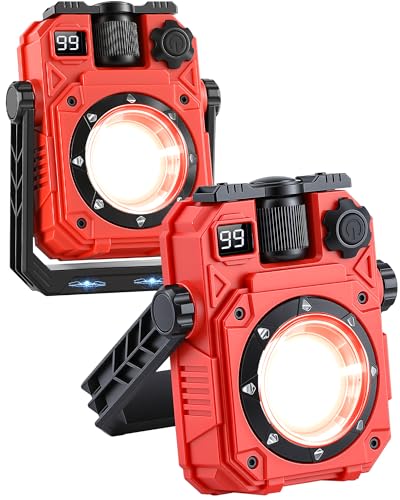 AGPTEK Magnetic Rechargeable LED Work Light with Digital Display, 32 Hours Long Lasting 5000mah Power with Knob Dimming, 5 Modes & 360° Rotatable for Car Repair, Job Site, Emergency (Red, 2 Pack) - color: Red, size: 2 Pack