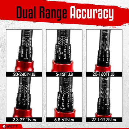 WETT 11Pcs Torque Wrench Set, 1/4'' & 3/8'' & 1/2'' Drive Click Torque Wrench, with Extension Bars & Adapters, Dual-Direction Adjustable Reversible 72-Tooth Ratchet Handle - size: 1/4 & 3/8 & 1/2-inch Drive (11Pcs)