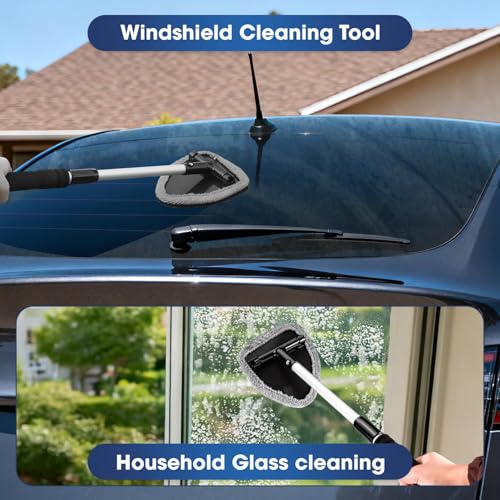Gray Windshield Cleaner Tool, Car Interior Cleaning Kit with Extendable Handle and 3 Reusable Microfiber Pads, Auto Glass Wiper and Detailing Brush Kit for Car & Home Window - color: Gray