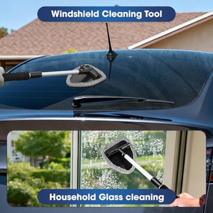 Gray Windshield Cleaner Tool, Car Interior Cleaning Kit with Extendable Handle and 3 Reusable Microfiber Pads, Auto Glass Wiper and Detailing Brush Kit for Car & Home Window - color: Gray