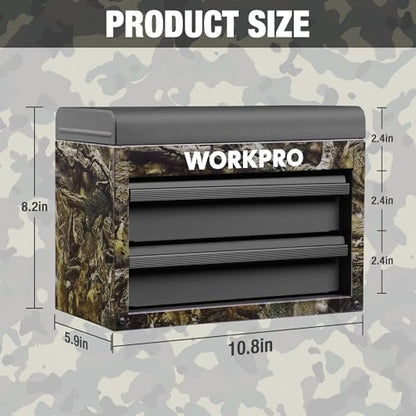 WORKPRO Metal Mini Tool Box with 2 Drawers and Top Storage | Cold Rolled Steel Toolbox, Ball Bearing Slides, PVC Drawer Liners, PP Feet Pads, Durable Storage - color: Green Camo