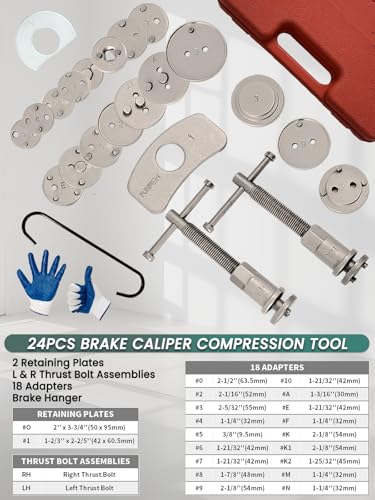 Brake Caliper Compression Tool 24-Piece Heavy Duty Disc Brake Piston Caliper Compressor Rewind Tool Set with C Hanger