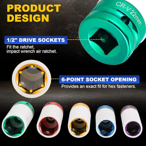 DASBET 1/2'' Drive 5Pcs Wheel Lug Nuts Socket Set | Wheel Protector Impact Socket, Impact Lug Nut Socket Set, Deep Non-Marring Thin Wall Impact Socket Set, Color-Coded Metric 15mm 17mm 19mm 21mm 22mm