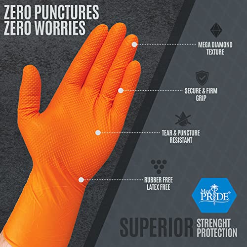 MED PRIDE Maxx Strength Nitrile Industrial Orange Gloves, 8 Mil Thick - Diamond Texture Disposable Heavy-Duty, Tear-Resistant - size: Medium
