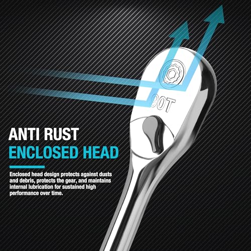 DURATECH Extra Long Handle 3/8-Inch Drive Ratchet, 90-Tooth Ratchet Wrench with 12" Handle and Dust Proof Teardrop Enclosed Head, Reversible, CR-V Steel Made, CR-MO Head, Full Polished, Gifts for Men - size: 3/8" with 12" handle