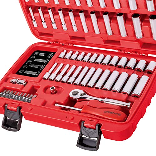 CARBYNE 65-Piece 1/4 in. Drive Socket and Ratchet Set, SAE and Metric, 6 Point, CrV Steel, 90-Tooth Ratchet, Deep and Standard Sockets, Storage Case