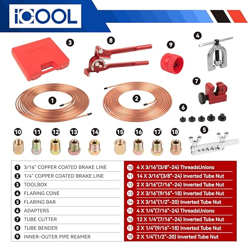ICOOL 25 ft 3/16" and 1/4" Copper-Plated Brake Line Flaring Tool Kit with 20 Fittings and 4 Unions Brake Line Fittings, Brake Line Kit with Tube Bender and Reamer