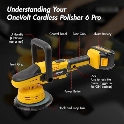 Wagan EL6402 OneVolt Cordless Polisher 6 Pro Dual Action 6-Inch Brushless Car Buffer with 6 Variable Speed, Including 2 UL Certified 3.0Ah Batteries, Multi-Purpose Accessory Kit for Detailing & Waxing