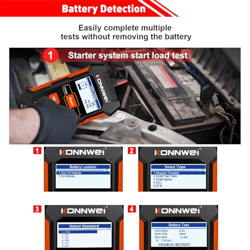 KONNWEI KW520 12V/24V Car Battery Tester, 100–2000 CCA Battery Load Analyzer, Automotive Battery Tester with Cranking, Charging, Alternator & Starter System Test, for Cars, Trucks, SUVs, Motorcycles