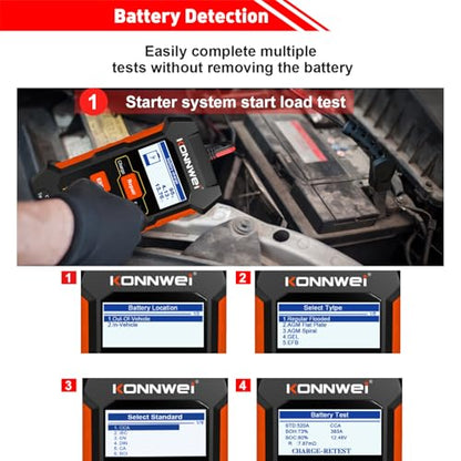 KONNWEI KW520 12V/24V Car Battery Tester, 100–2000 CCA Battery Load Analyzer, Automotive Battery Tester with Cranking, Charging, Alternator & Starter System Test, for Cars, Trucks, SUVs, Motorcycles