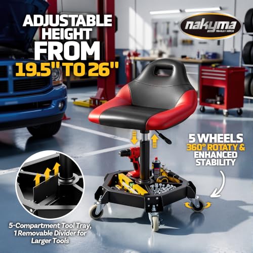 Rolling Shop Stool with Wheels, 330 LBS Capacity Garage Stool Mechanic Stool Seat with Backrest and Tool Tray Storage, Pneumatic Work Chair Adjustable Height Mechanic Chair for Workshop, Red