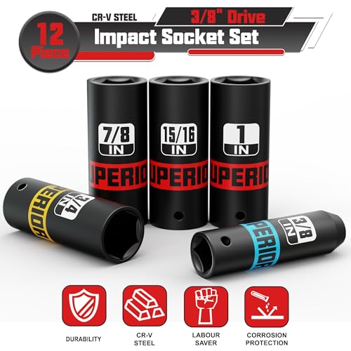 12 Piece 3/8" Drive Impact Socket Set, 5/16"- 1" Deep Socket, SAE, 6 Point, CR-V, Automotive Motorcycle and Bicycle Maintenance, Machinery Manufacturing - size: 3/8" Deep SAE