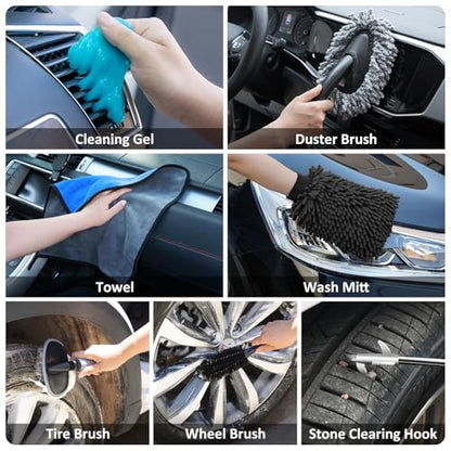 44Pcs Car Wash Detailing Kit Cleaning Kits with Foam Gun Sprayer Wash Mop with Long Handle Collapsible Bucket Large Wash Mitt Towels Complete Interior Exterior Car Washing Supply Set Black - color: Black