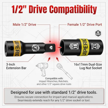 1/2" Drive Lug Nut Socket Set, 16-24 mm Flip Socket Set, 5 Pcs Thin Wall Nut Sockets with 3" Extension Bar, Remove Bloated Warped, Damaged Lug Nuts - size: 5PCS：16MM-24MM